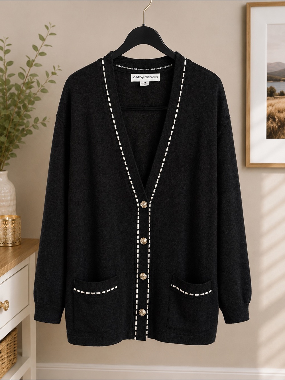Cathy Daniels Black V-Neck Button Cardigan with Contrast Stitch